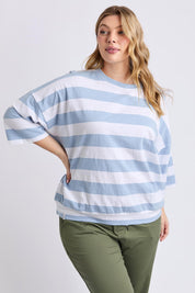 A model wearing the Fundamental Mazie Block Stripe Cotton Sweat in colour Skybluestr (Blue), from the front, cropped image
