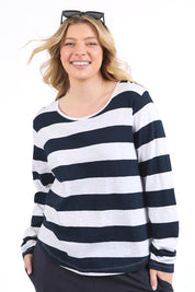 A model wearing the Fundamental Spritz Stripe Cotton Tee in colour Navywhite (Blue), from the front, cropped image