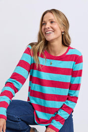 Model Genericm wearing size sample of the Fundamental Spritz Stripe Ls Tee – Seadkpink in colour Seadkpink, from an angle