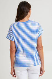 Model Madeline wearing size 10 of the Fundamental Yara Stripe Ss Tee in colour Bluewhite (Blue), from the back