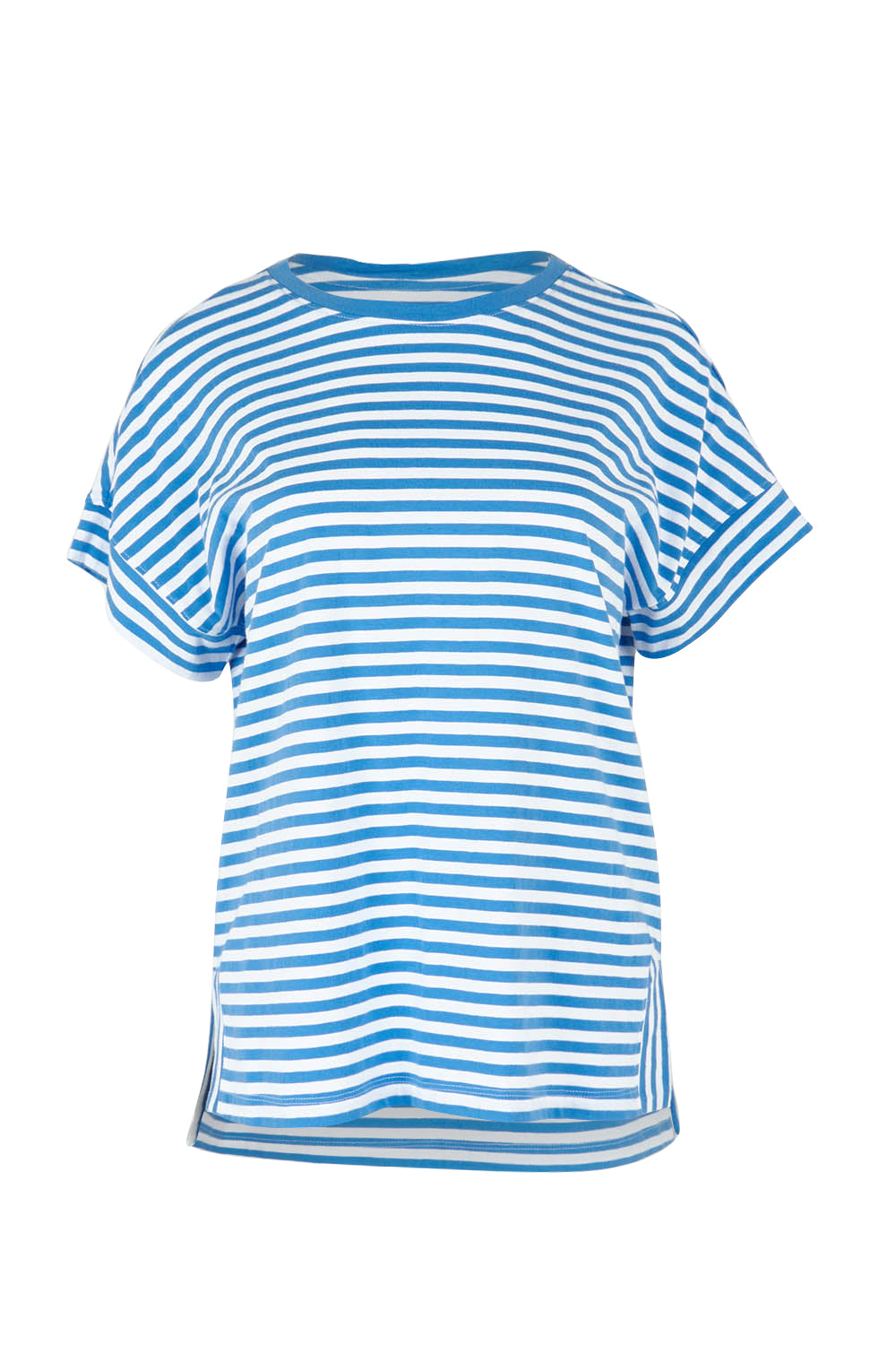 Product shot of the Fundamental Yara Stripe Ss Tee in colour Bluewhite (Blue), from the front