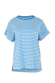 Product shot of the Fundamental Yara Stripe Ss Tee in colour Bluewhite (Blue), from the front