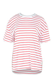 Product shot of the Fundamental Winona Stripe Cotton Tee in colour Redwhite (Red), from the front