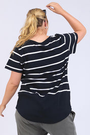 A model wearing the Fundamental Rib Short Sleeve Stripe Cotton Tee in colour Navywhite (Blue), from the back