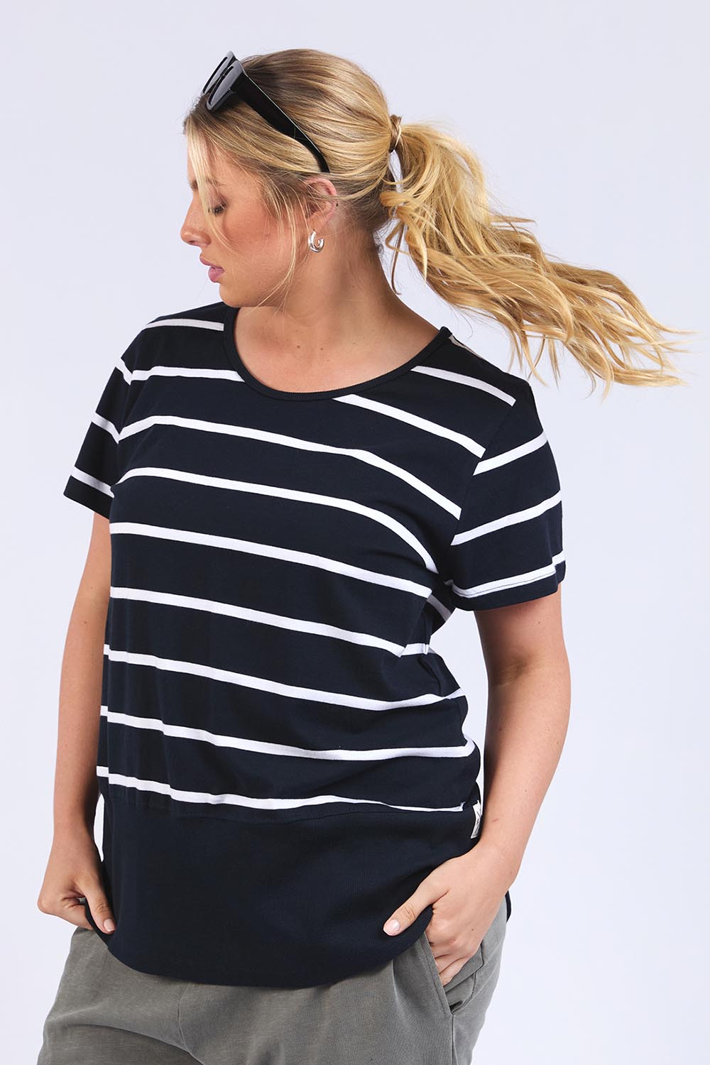 A model wearing the Fundamental Rib Short Sleeve Stripe Cotton Tee in colour Navywhite (Blue), from the front, cropped image