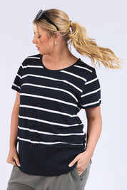 A model wearing the Fundamental Rib Short Sleeve Stripe Cotton Tee in colour Navywhite (Blue), from the front, cropped image