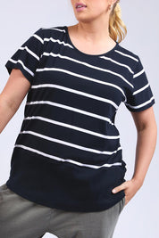 A model wearing the Fundamental Rib Short Sleeve Stripe Cotton Tee in colour Navywhite (Blue), from the front, cropped image