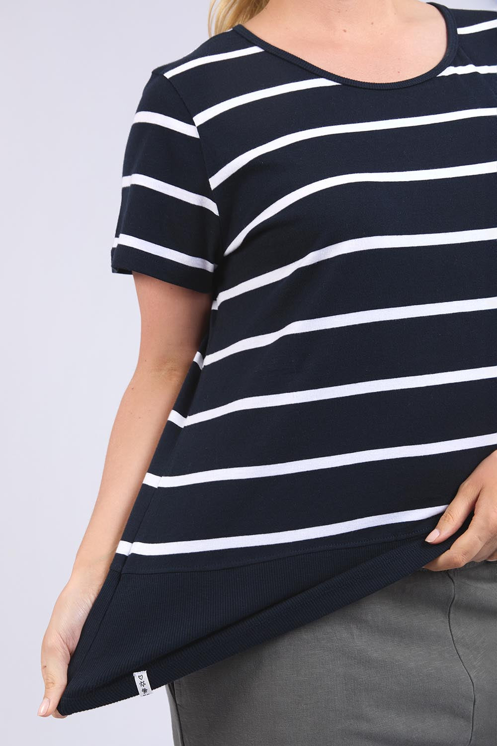 A model wearing the Fundamental Rib Short Sleeve Stripe Cotton Tee in colour Navywhite (Blue), from the front, cropped image