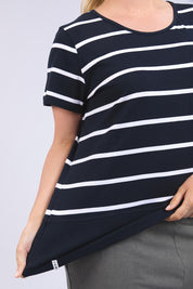 A model wearing the Fundamental Rib Short Sleeve Stripe Cotton Tee in colour Navywhite (Blue), from the front, cropped image