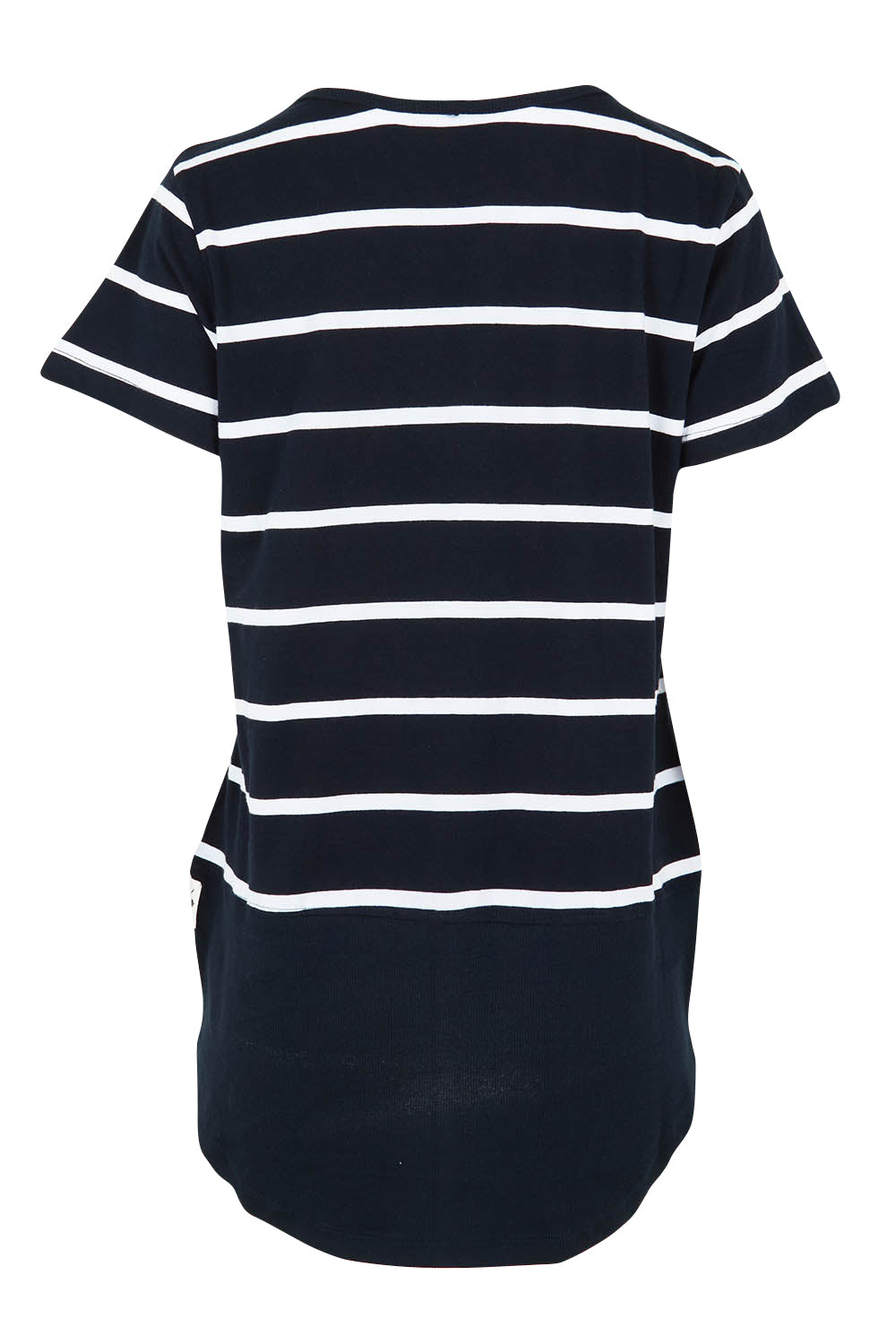 Product shot of the Fundamental Rib Short Sleeve Stripe Cotton Tee in colour Navywhite (Blue), from the back