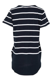 Product shot of the Fundamental Rib Short Sleeve Stripe Cotton Tee in colour Navywhite (Blue), from the back