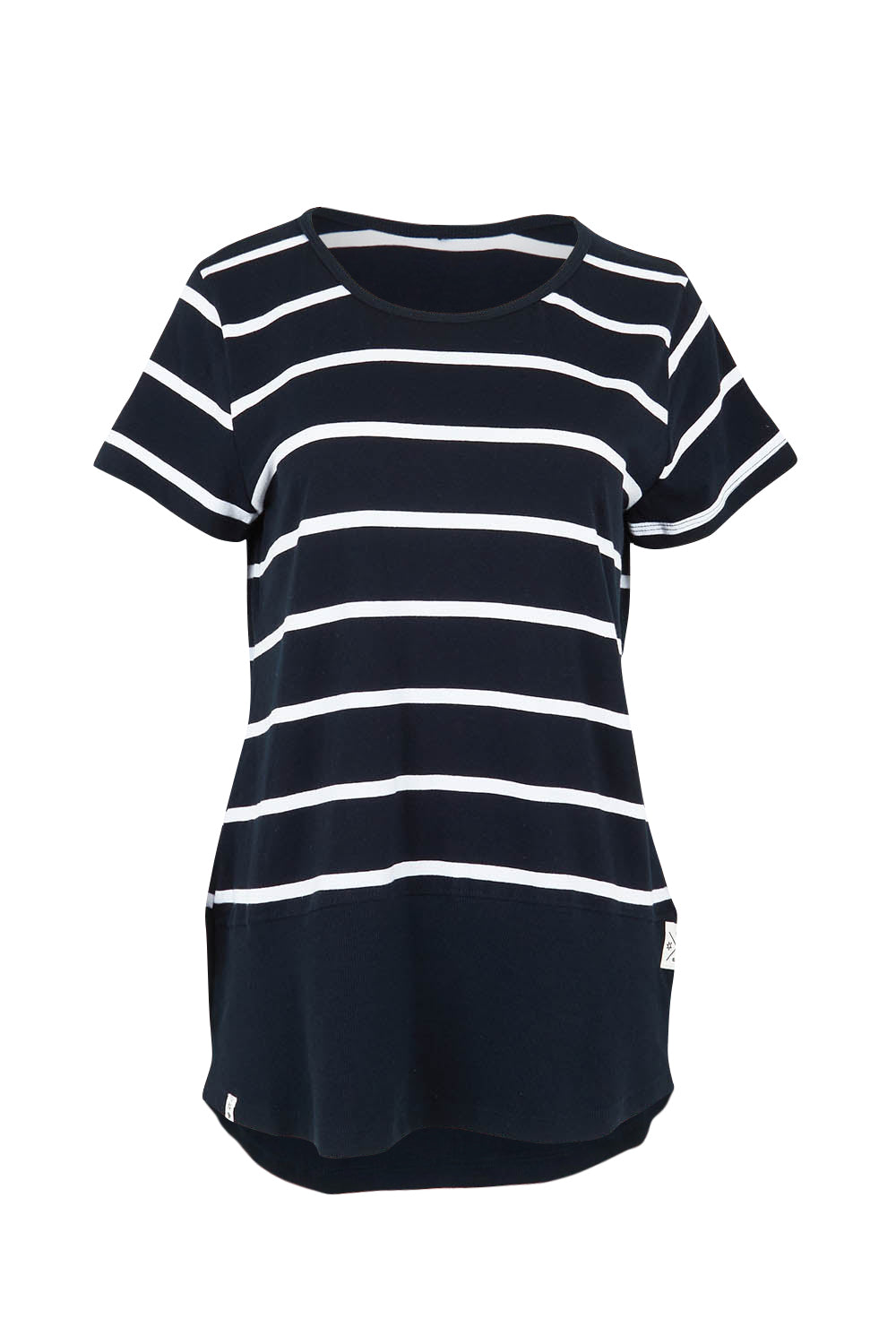 Product shot of the Fundamental Rib Short Sleeve Stripe Cotton Tee in colour Navywhite (Blue), from the front