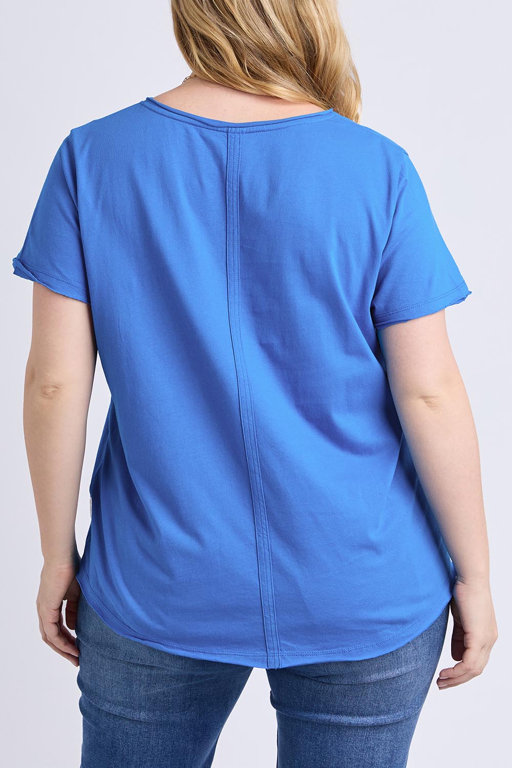 Model Genericm wearing size sample of the Fundamental Pima Cotton Vee Tee - Azureblue in colour Azureblue, from the back