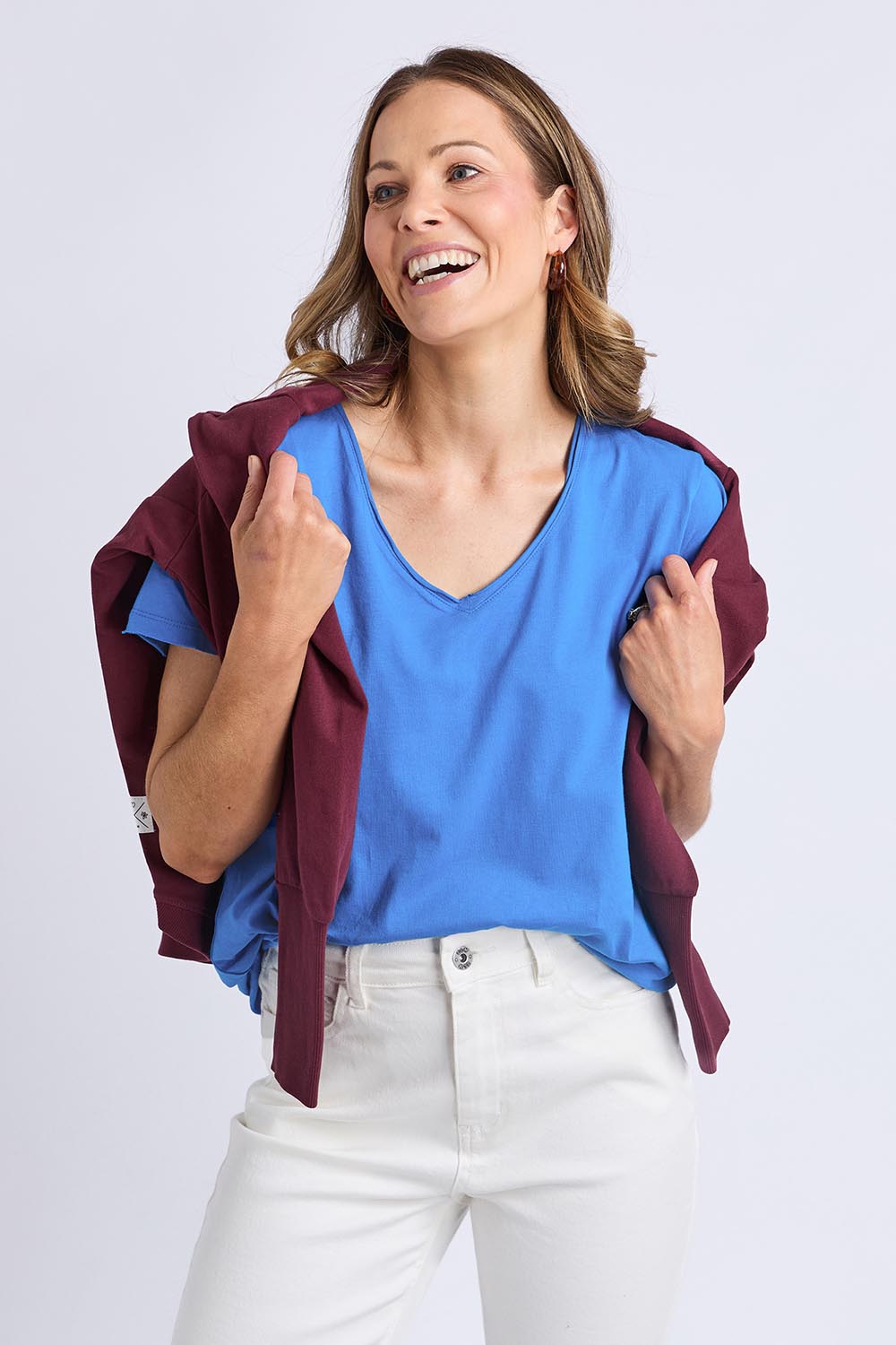 Model Genericm wearing size sample of the Fundamental Pima Cotton Vee Tee - Azureblue in colour Azureblue, in a cropped view
