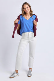 Model Genericm wearing size sample of the Fundamental Pima Cotton Vee Tee - Azureblue in colour Azureblue, from the front