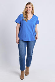 Model Genericm wearing size sample of the Fundamental Pima Cotton Vee Tee - Azureblue in colour Azureblue, from the front