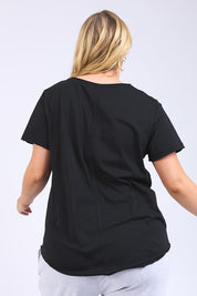 A model wearing the Fundamental Pima Cotton Vee Tee in colour Black (Black), from the back