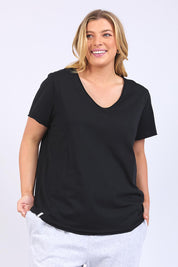 A model wearing the Fundamental Pima Cotton Vee Tee in colour Black (Black), from the front, cropped image