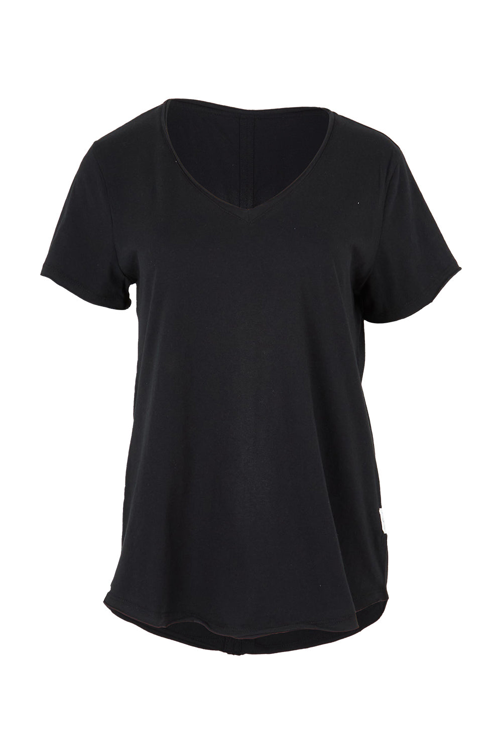 Product shot of the Fundamental Pima Cotton Vee Tee in colour Black (Black), from the front