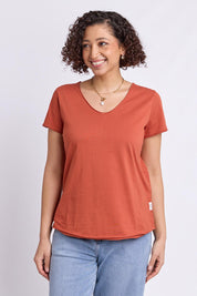 Model Genericm wearing size sample of the Fundamental Pima Vee Tee – Earthbrown in colour Earthbrown, in a cropped view