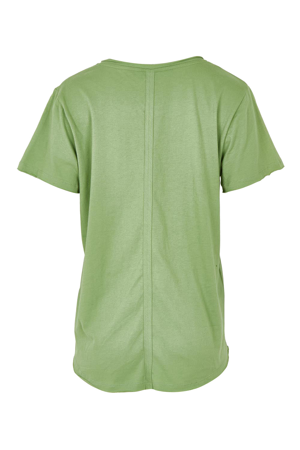 Product shot of the Fundamental Pima Cotton Vee Tee in colour Forest (Green), from the back