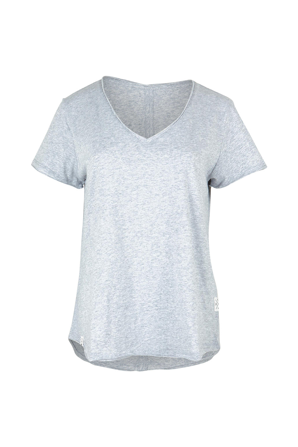 Product shot of the Fundamental Pima Cotton Vee Tee in colour Greymarle (Grey), from the front