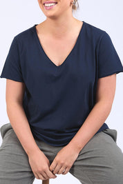 A model wearing the Fundamental Pima Cotton Vee Tee in colour Navy (Blue), from the front, cropped image
