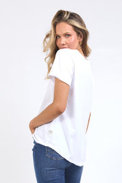A model wearing the Fundamental Pima Cotton Vee Tee in colour White (White), from the back