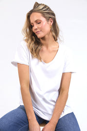 A model wearing the Fundamental Pima Cotton Vee Tee in colour White (White), from the front, cropped image