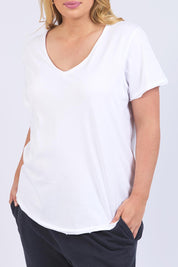 A model wearing the Fundamental Pima Cotton Vee Tee in colour White (White), from the front, cropped image