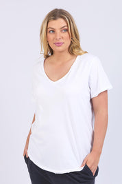 A model wearing the Fundamental Pima Cotton Vee Tee in colour White (White), from the front, cropped image
