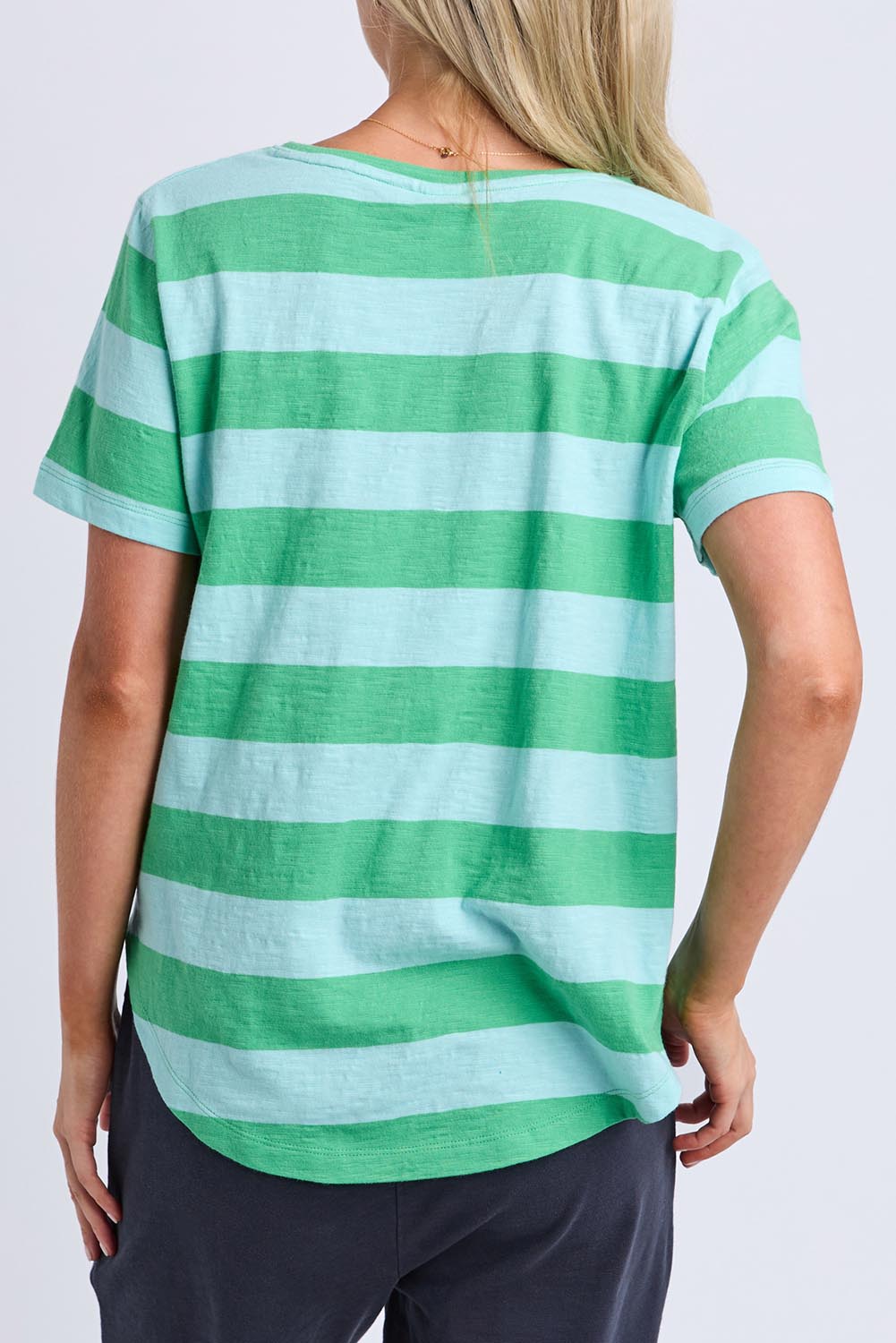 Model Genericm wearing size sample of the Fundamental Spritz Stripe Ss Cotton Tee – Greenbriar in colour Greenbriar, from the back