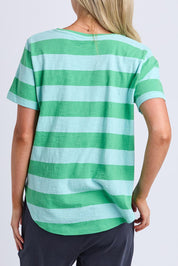 Model Genericm wearing size sample of the Fundamental Spritz Stripe Ss Cotton Tee – Greenbriar in colour Greenbriar, from the back