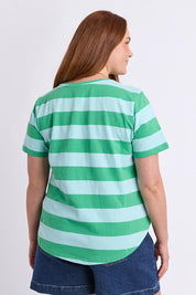 Model Genericm wearing size sample of the Fundamental Spritz Stripe Ss Cotton Tee – Greenbriar in colour Greenbriar, from the back