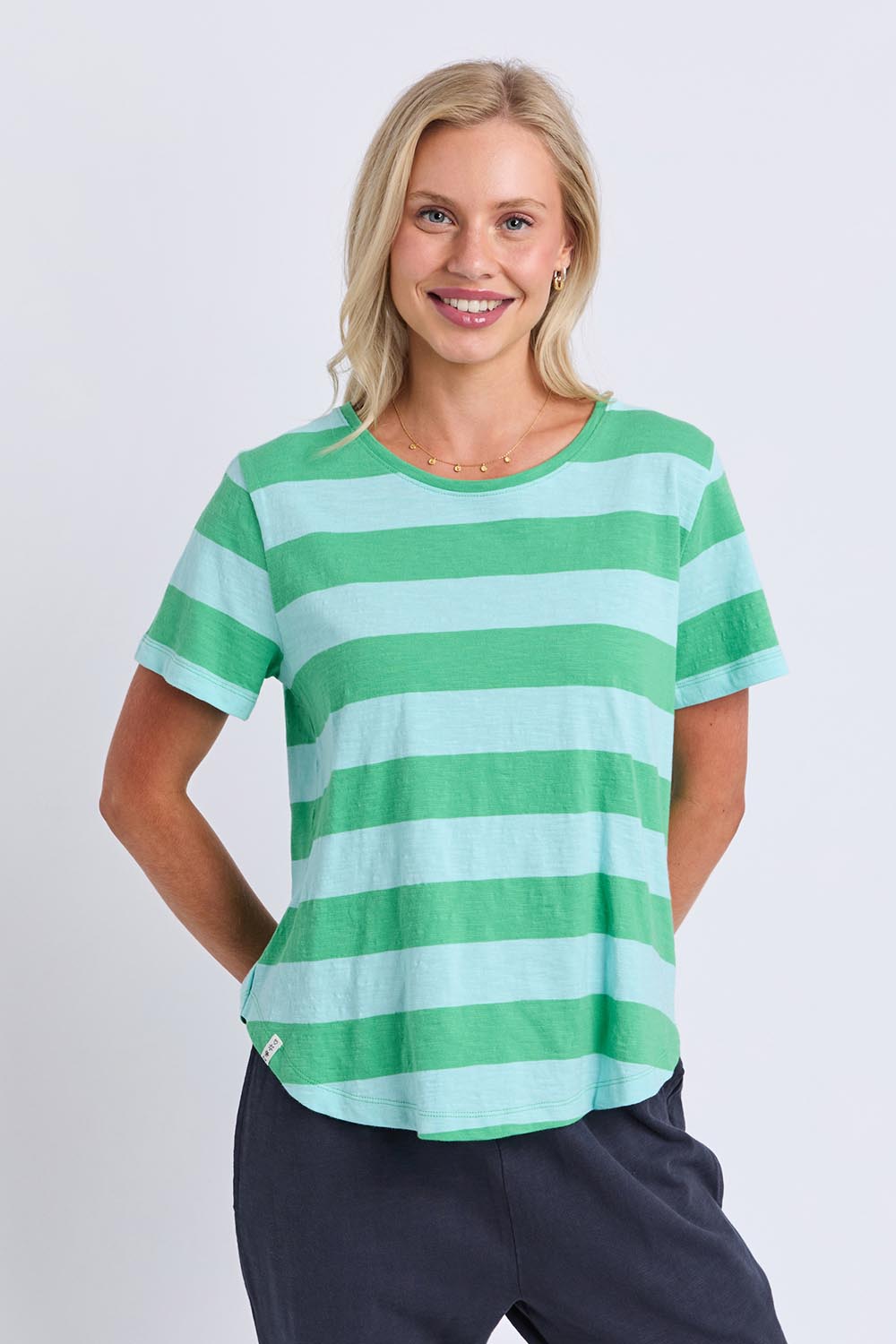 Model Genericm wearing size sample of the Fundamental Spritz Stripe Ss Cotton Tee – Greenbriar in colour Greenbriar, in a cropped view