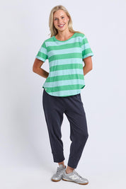 Model Genericm wearing size sample of the Fundamental Spritz Stripe Ss Cotton Tee – Greenbriar in colour Greenbriar, from the front