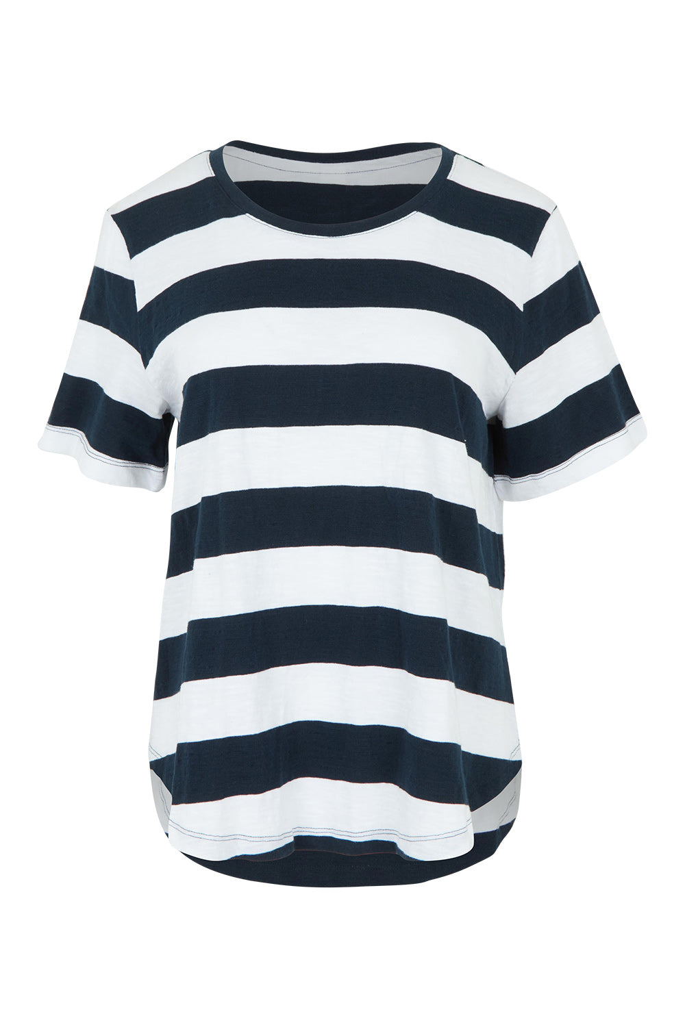 Product shot of the Fundamental Spritz Stripe Ss Cotton Tee in colour Navywhite (Blue), from the front