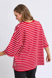 A model wearing the Fundamental Valentina Sweat in colour Cranbwhit (Red), from the back