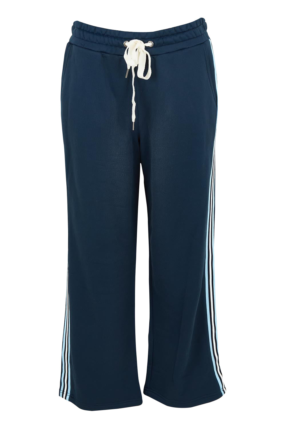 Product shot of the Fundamental Amara Trackpant in colour Navystripe (Blue), from the front