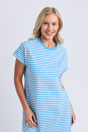 Model Genericm wearing size sample of the Fundamental Yarra Stripe Cotton Dress – Azureblue in colour Azureblue, in a cropped view
