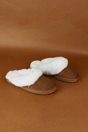 A model wearing size 7 of the Jolie Sheepskin Slipper in colour Chestnut, from the front, showing the whole outfit