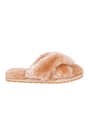Product shot of the Mayberry Slipper Slide in colour Camel, from the front