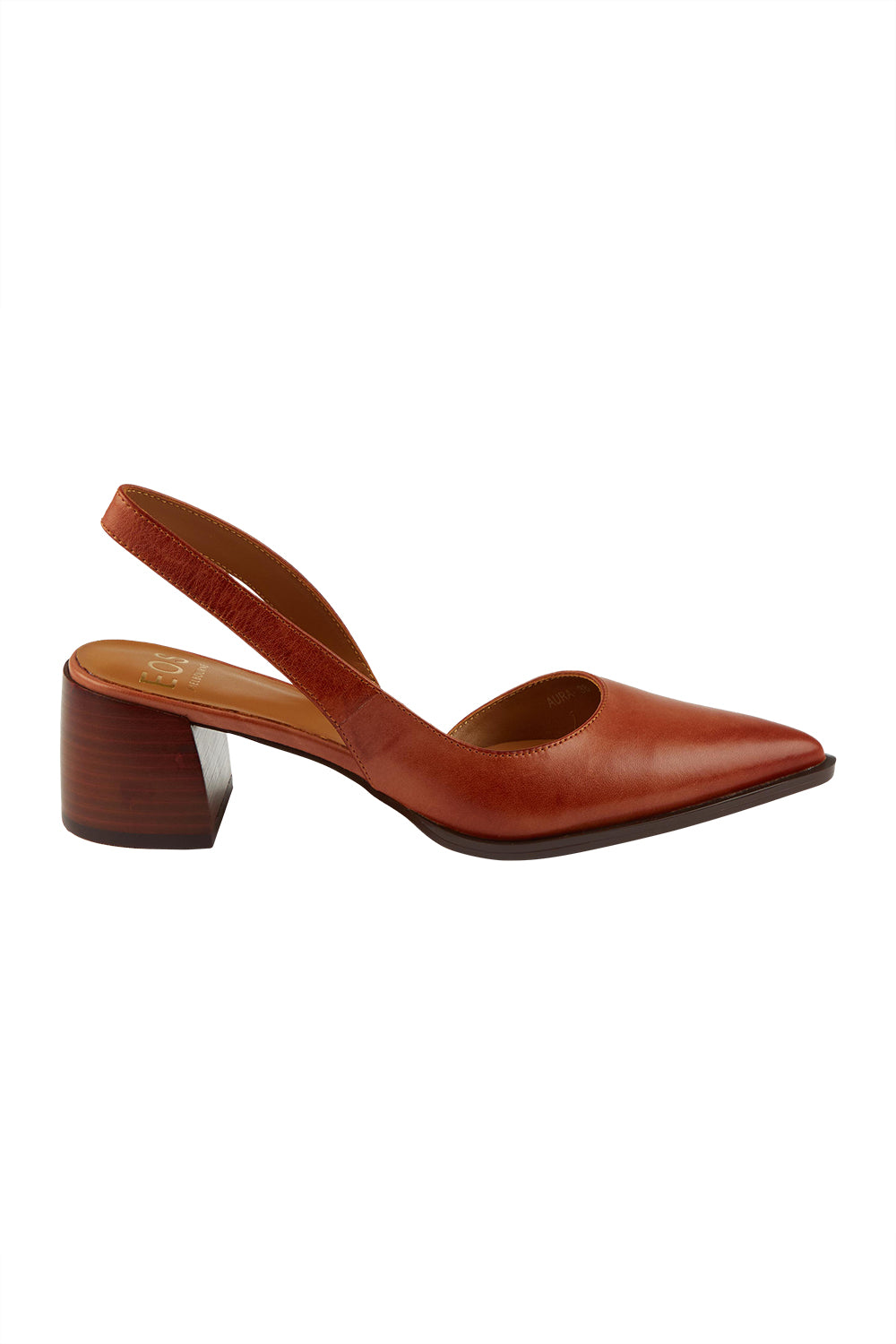 Product shot of the Aura Leather Heel in colour Brandy, from the front