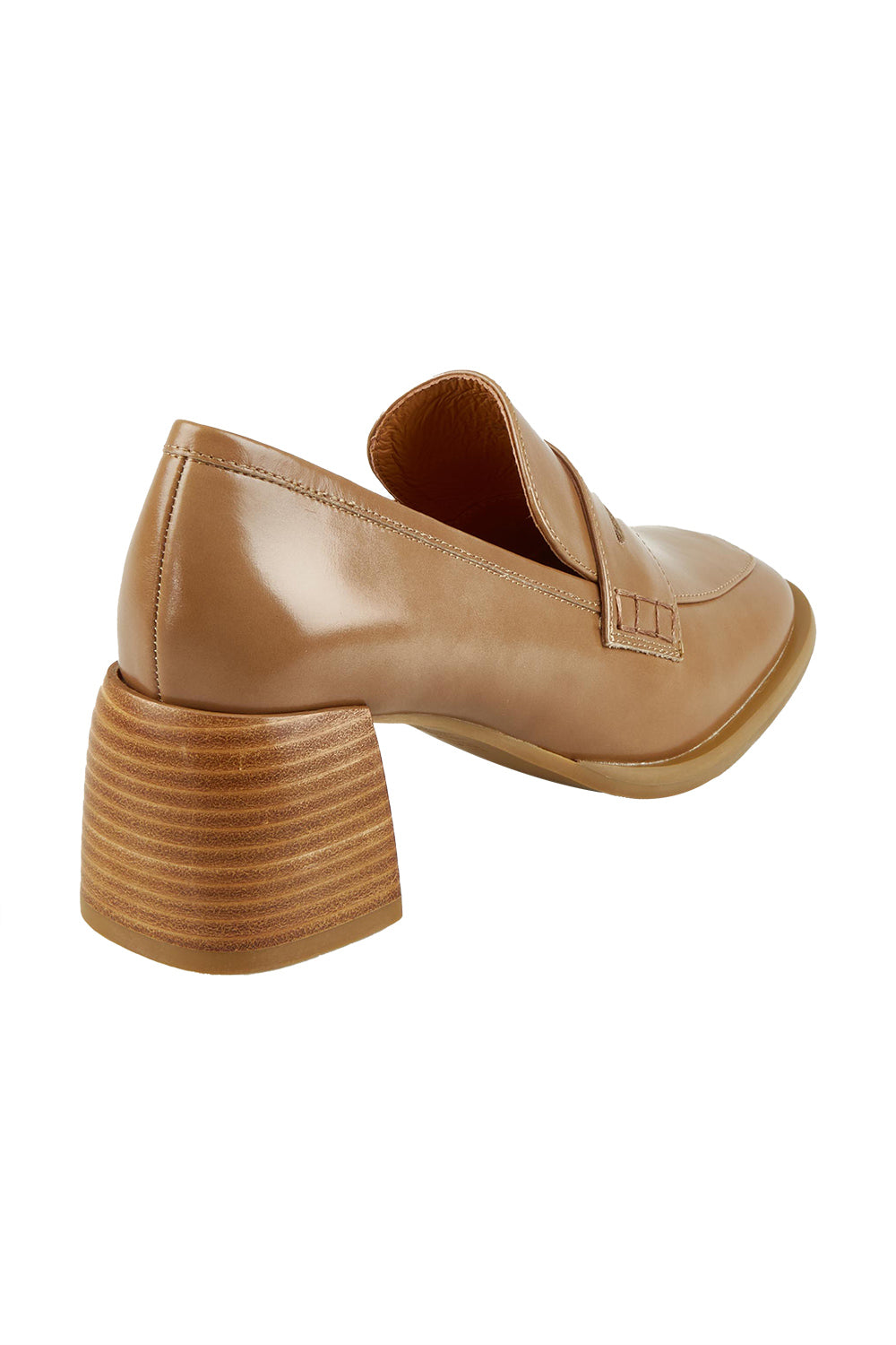 Product shot of the Chance Leather Heel Loafer in colour Latte, from the back