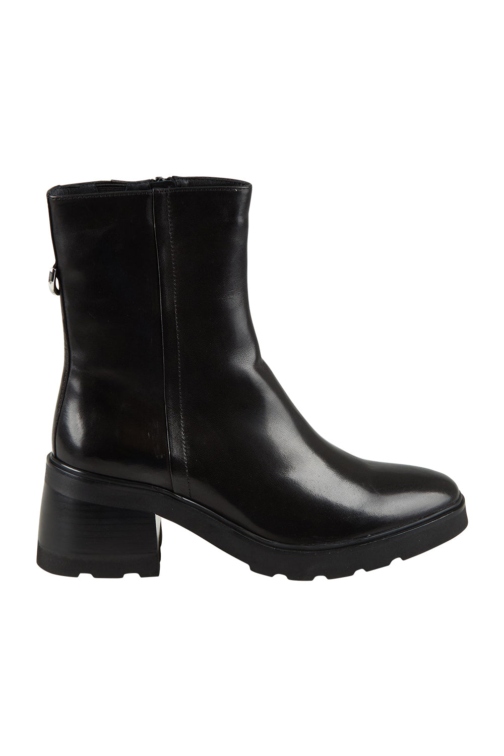 Product shot of the Finley Leather Ankle Boot in colour Black (Black), from the front
