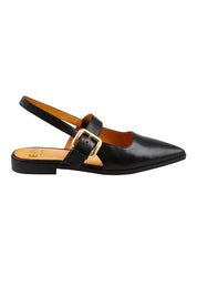 Product shot of the Goldie Leather Flat in colour Black (Black), from the front