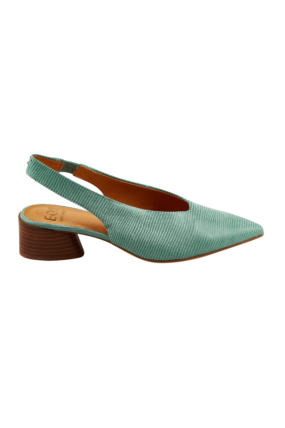 Product shot of the Hatti Leather Heel in colour Mint (Green), from the front
