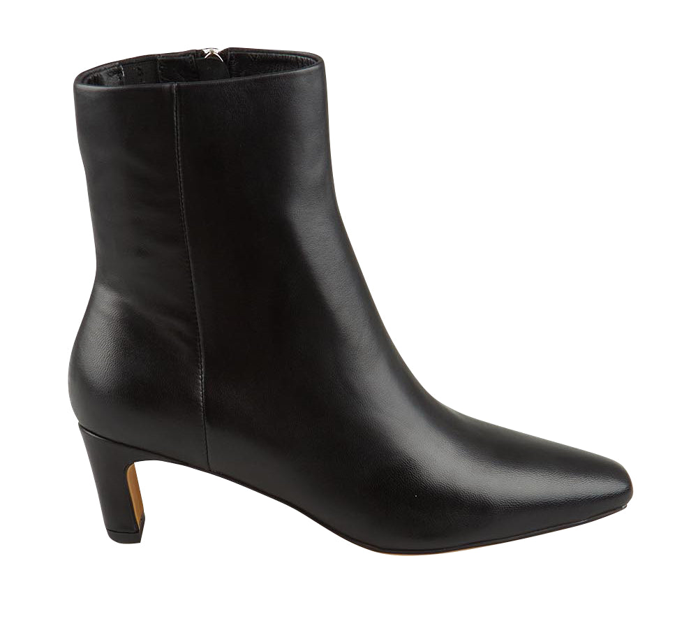 Product shot of the Kitan Leather Ankle Boot in colour Black (Black), from the front