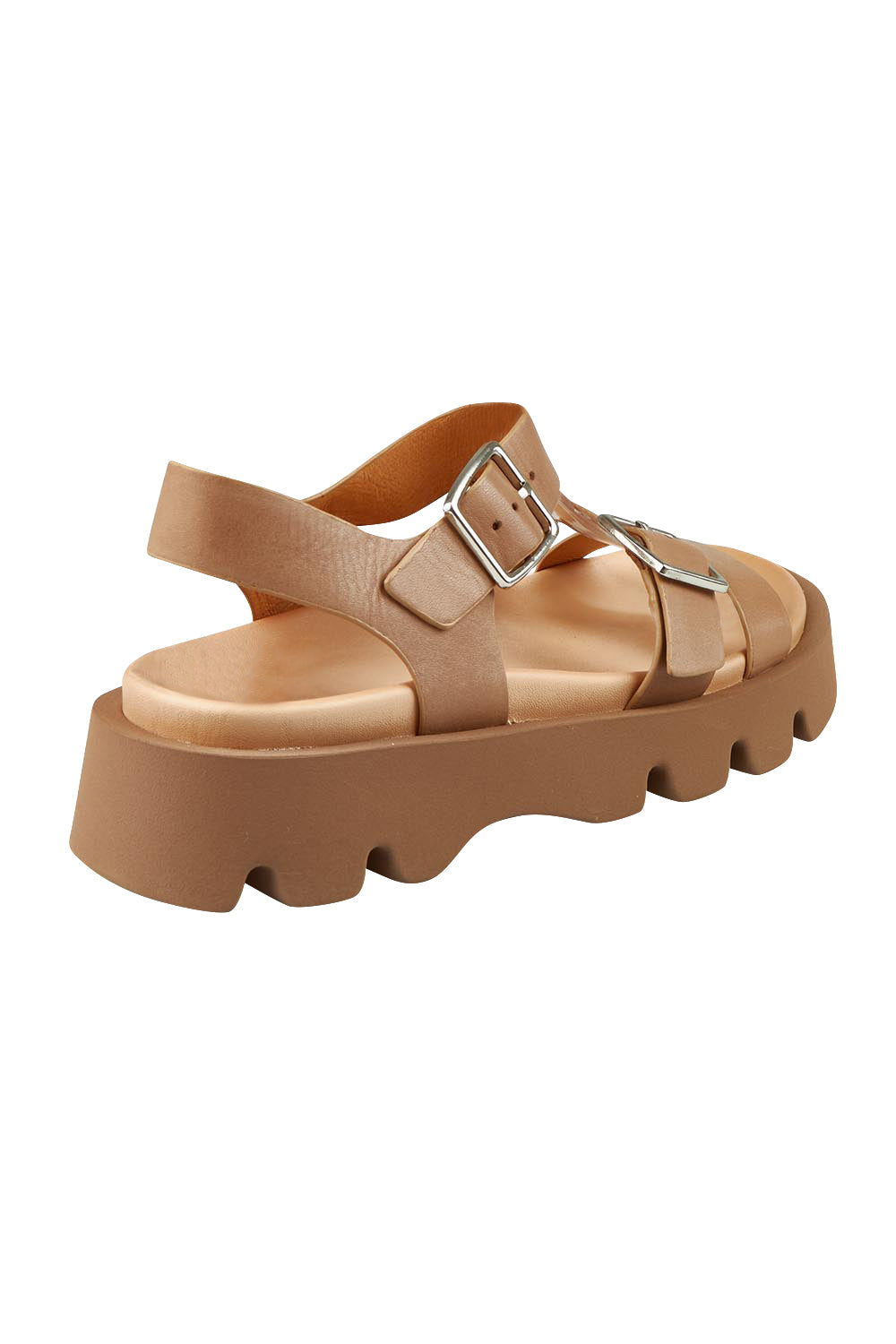 Product shot of the Monn Leather Sandal in colour Taupe, from the back