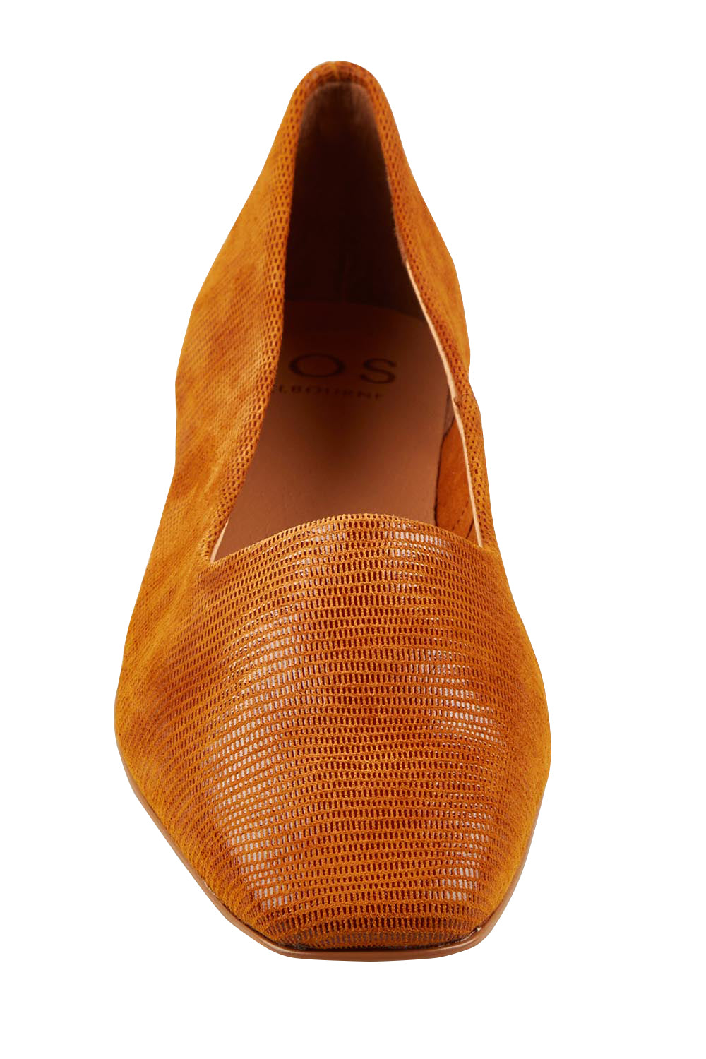 Product shot of the Solana Leather Flat in colour Brandy, detail